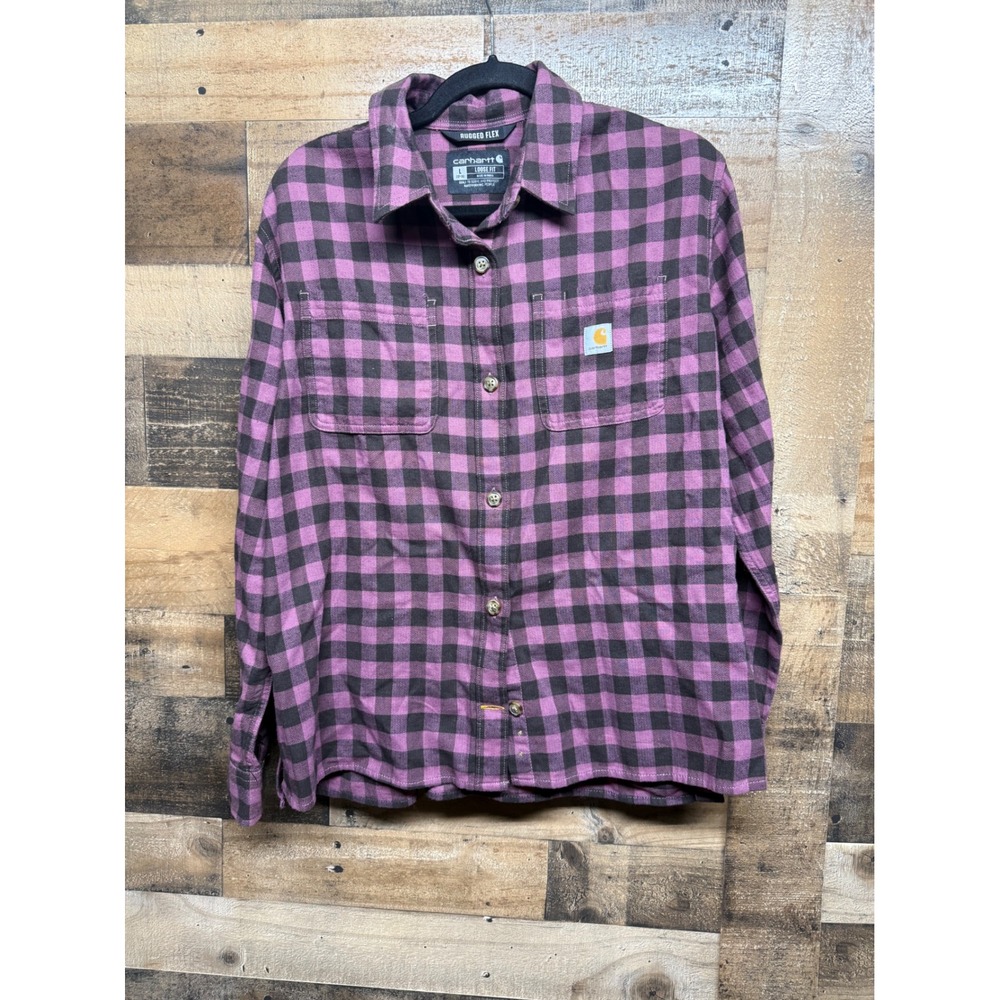 Carhartt Rugged Flex Flannel Shirt Womens Large Purple Black Plaid Loose Fit L